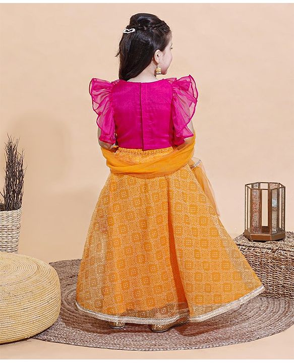 Babyhug Sleeveless Ruffled Choli and Printed Ghagra with Tassel Cords and Net Dupatta Set - Yellow