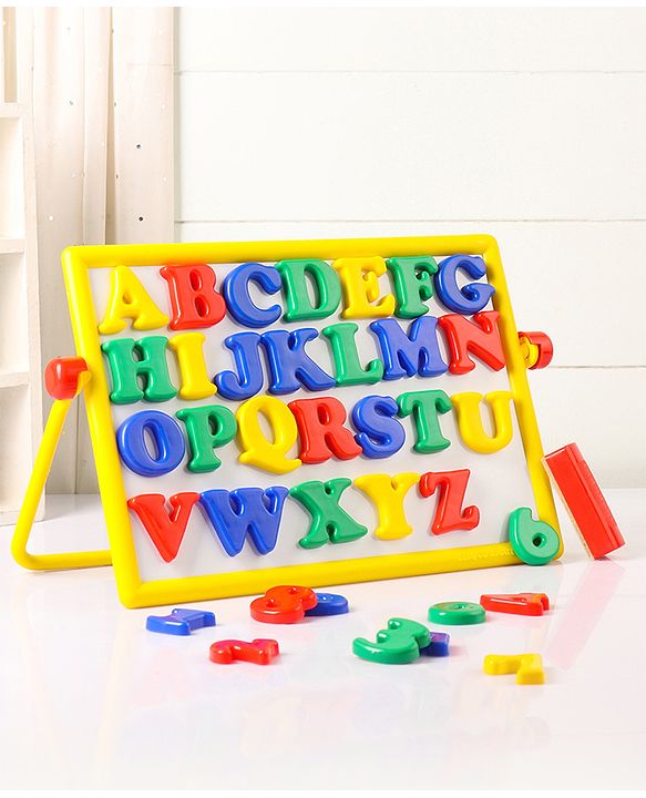 Babyhug Junior 2 in 1 Magnetic Letters and Numbers Learning & Writing Board with Duster & Chalk 36 pieces- Multicolour