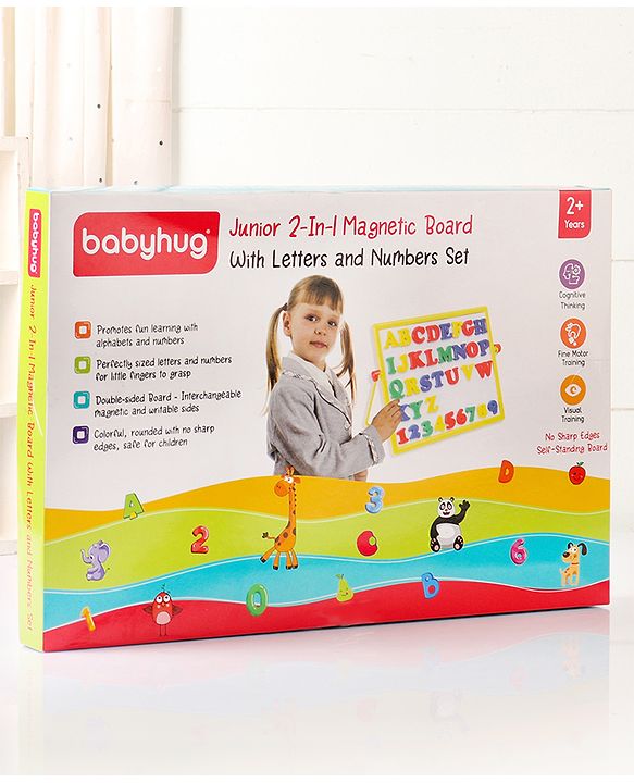 Babyhug Junior 2 in 1 Magnetic Letters and Numbers Learning & Writing Board with Duster & Chalk 36 pieces- Multicolour