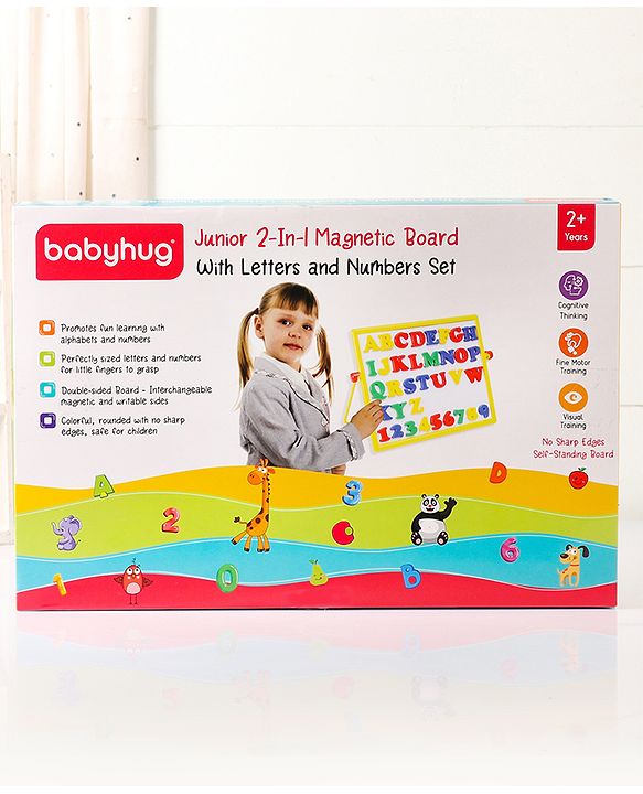 Babyhug Junior 2 in 1 Magnetic Letters and Numbers Learning & Writing Board with Duster & Chalk 36 pieces- Multicolour