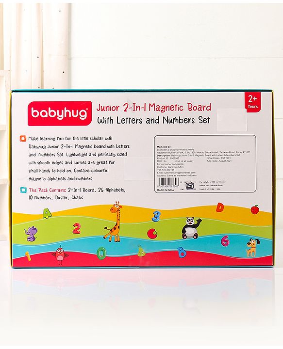 Babyhug Junior 2 in 1 Magnetic Letters and Numbers Learning & Writing Board with Duster & Chalk 36 pieces- Multicolour