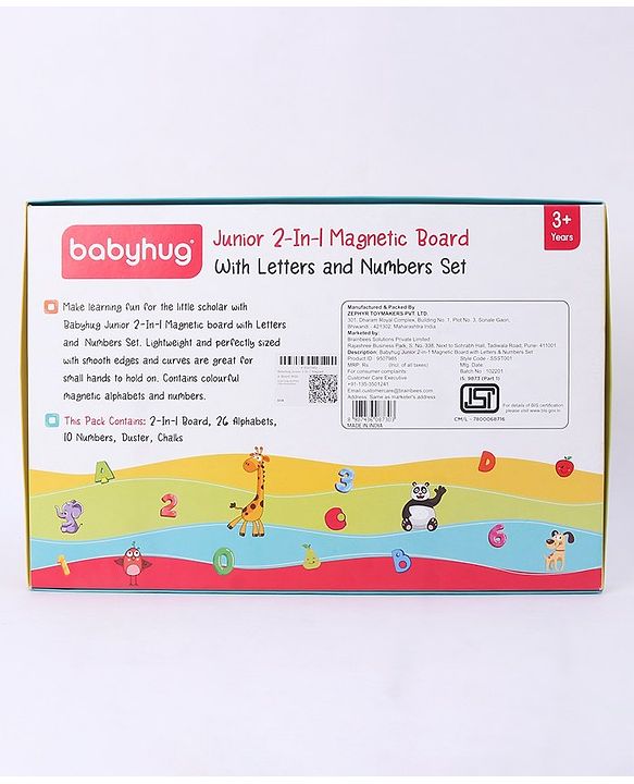 Babyhug Junior 2 in 1 Magnetic Letters and Numbers Learning & Writing Board with Duster & Chalk 36 pieces- Multicolour