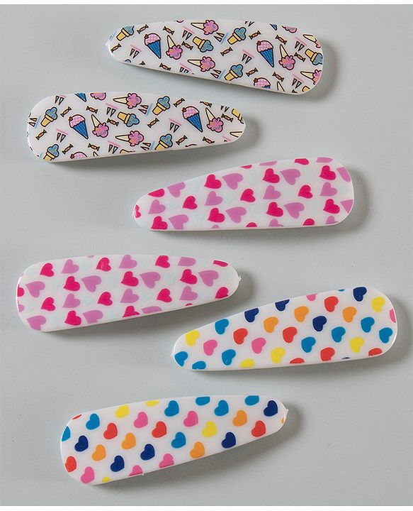 Pine Kids Snap Clips Heart and Ice cream Prints Free Size Pack of 6 - Multicolor