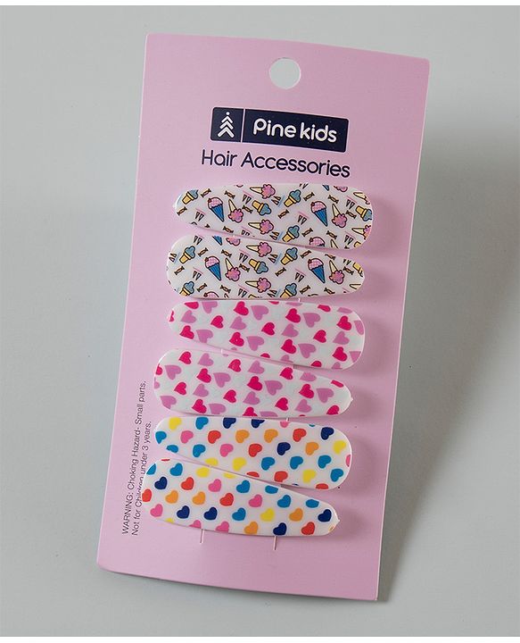 Pine Kids Snap Clips Heart and Ice cream Prints Free Size Pack of 6 - Multicolor