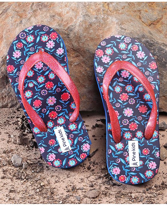 Pine Kids Flip Flops Floral Print - Navy Blue