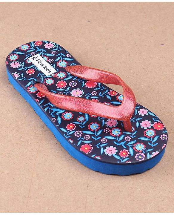 Pine Kids Flip Flops Floral Print - Navy Blue