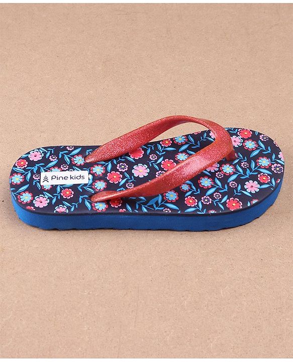 Pine Kids Flip Flops Floral Print - Navy Blue