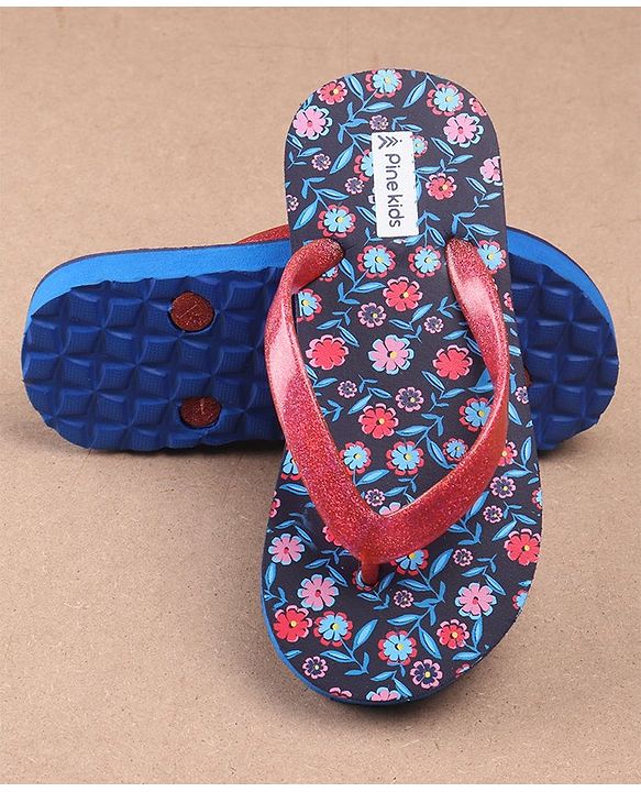 Pine Kids Flip Flops Floral Print - Navy Blue