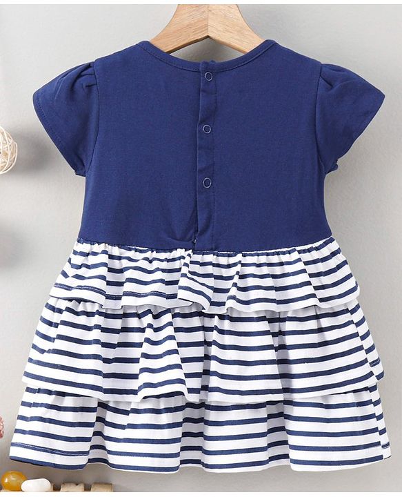 Babyhug Cap Sleeves Stripe Layer Frock Butterfly Print - White Navy Blue