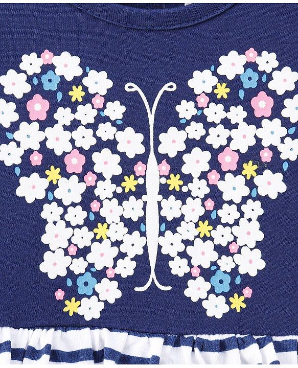 Babyhug Cap Sleeves Stripe Layer Frock Butterfly Print - White Navy Blue