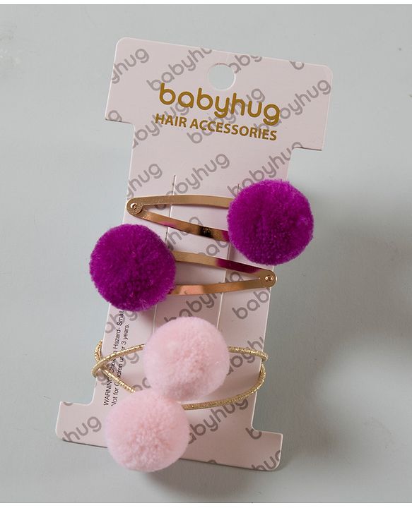 Babyhug Snap Clips with PomPom Set of 4 Pieces - Light Pink Purple