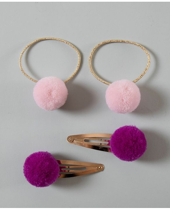 Babyhug Snap Clips with PomPom Set of 4 Pieces - Light Pink Purple