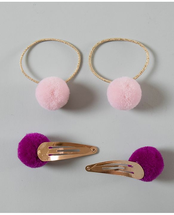 Babyhug Snap Clips with PomPom Set of 4 Pieces - Light Pink Purple