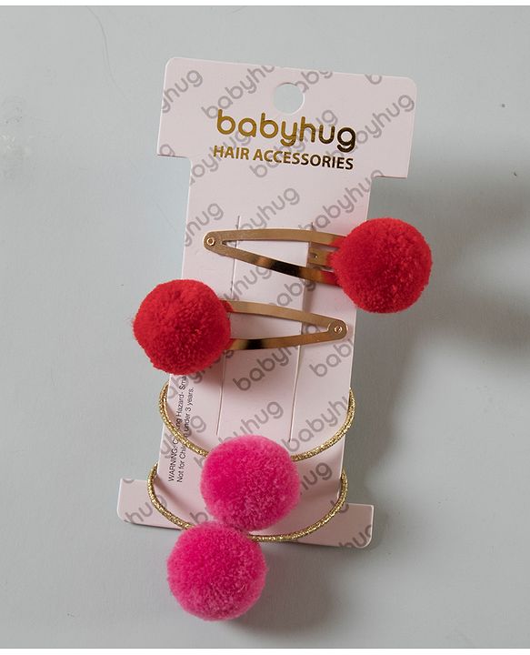 Babyhug Snap Clips with PomPom Set of 4 Pieces - Dark Pink Red