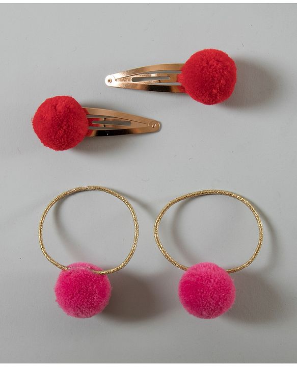 Babyhug Snap Clips with PomPom Set of 4 Pieces - Dark Pink Red