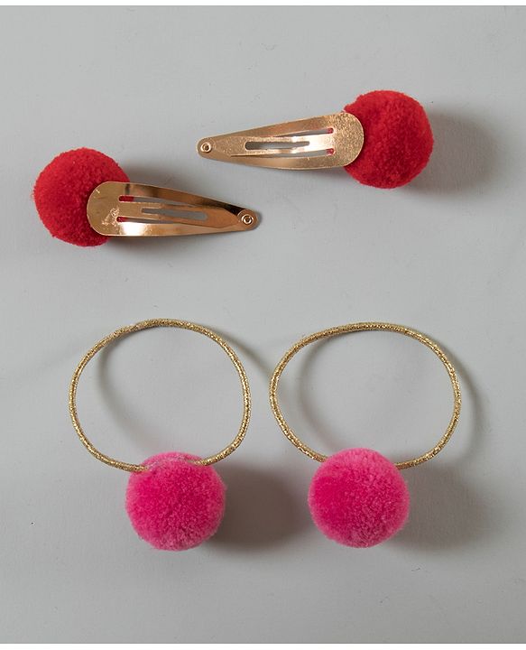 Babyhug Snap Clips with PomPom Set of 4 Pieces - Dark Pink Red