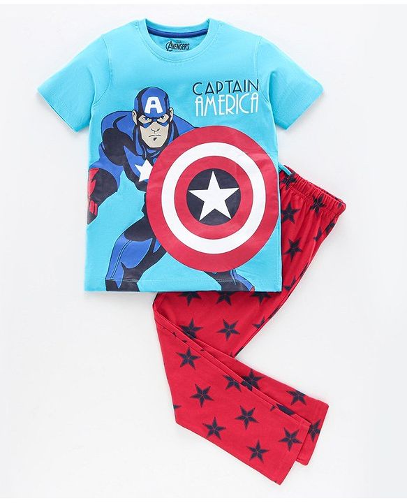 Pine Kids Half Sleeves Bio Washed T-Shirt & Pajama Set Captain America Print - Blue Red