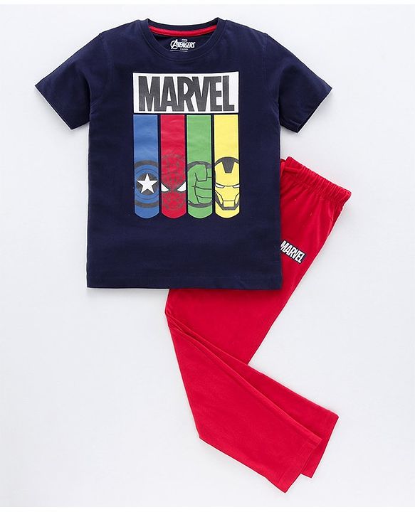 Pine Kids Half Sleeves Bio Washed T-Shirt & Pajama Set Marvel Graphic - Blue & Red