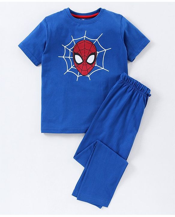 Pine Kids Half Sleeves Bio Washed T-Shirt & Pajama Set Spiderman Print - Blue