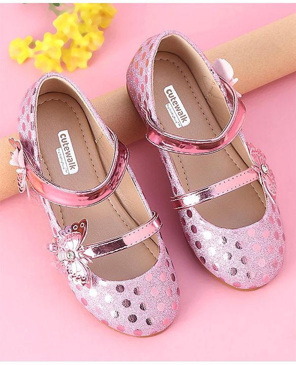 Cute Walk by Babyhug Party Wear Belly Shoes Butterfly Applique - Pink