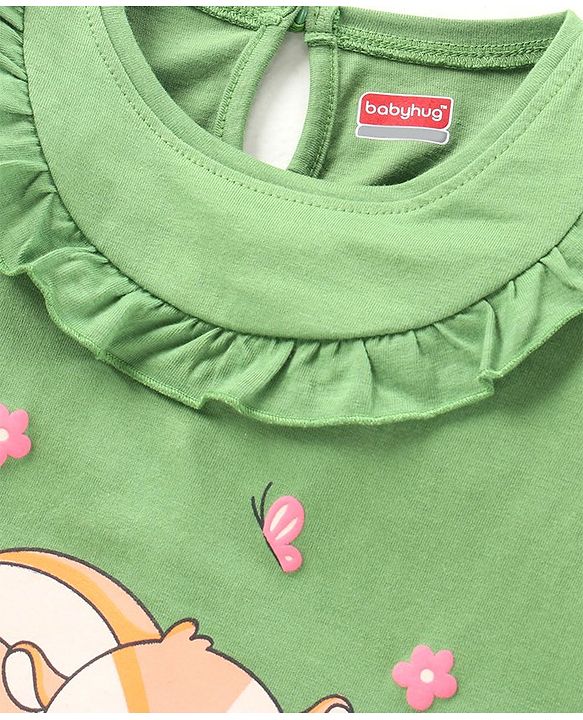 Babyhug Full Sleeves Printed Top with Frill Detailing - Green