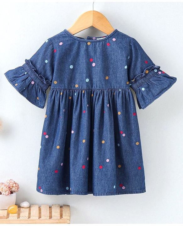 Babyhug Half Sleeves Denim Frock Polka Dot Print - Blue