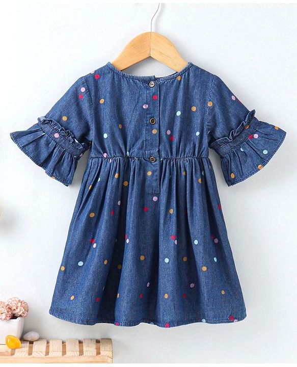 Babyhug Half Sleeves Denim Frock Polka Dot Print - Blue