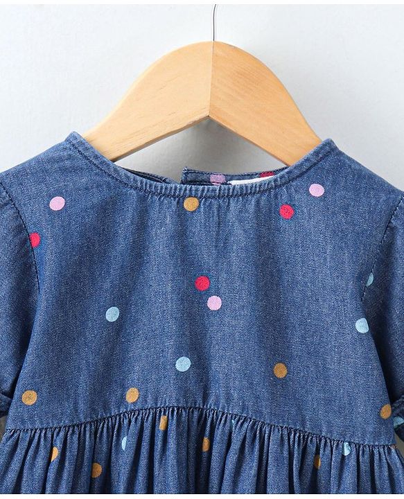 Babyhug Half Sleeves Denim Frock Polka Dot Print - Blue