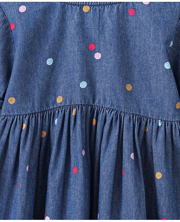Babyhug Half Sleeves Denim Frock Polka Dot Print - Blue