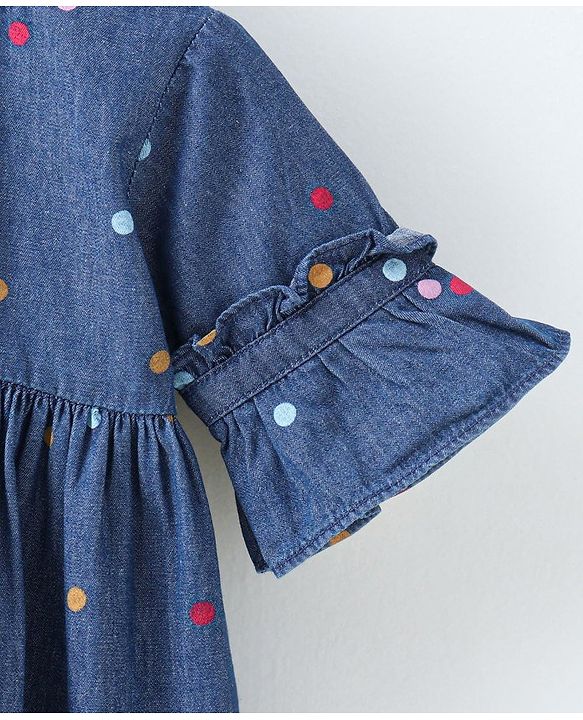Babyhug Half Sleeves Denim Frock Polka Dot Print - Blue