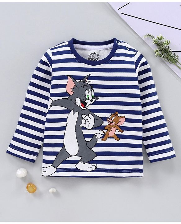 Babyhug Full Sleeves Stripe Tee Tom & Jerry Print - Navy Blue White