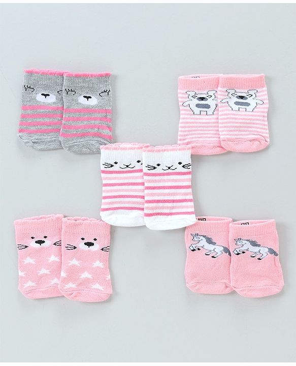 Cute Walk By Babyhug Antibacterial Ankle Length Socks Set of 5 - Pink White