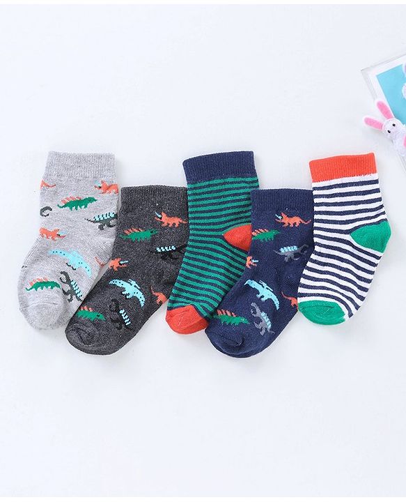 Cute Walk by Babyhug Ankle Length Antibacterial Socks Dino Design Pack of 5 - Multicolor