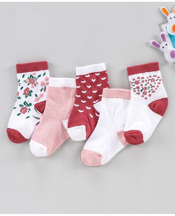Cute Walk by Babyhug Anti Bacterial Ankle Length Socks Pack of 5 - Pink White
