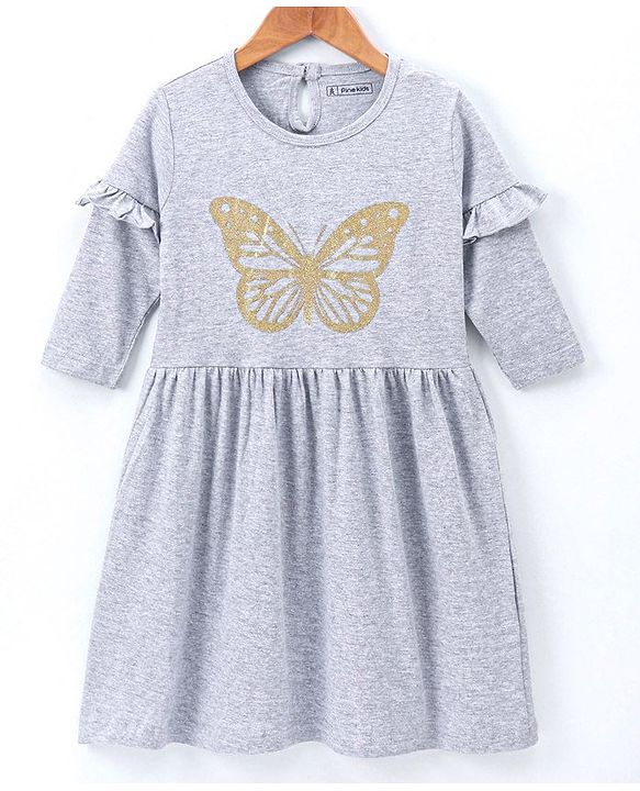Pine Kids Full Sleeves Bio Wash Frock Butterfly Glitter Print - Grey