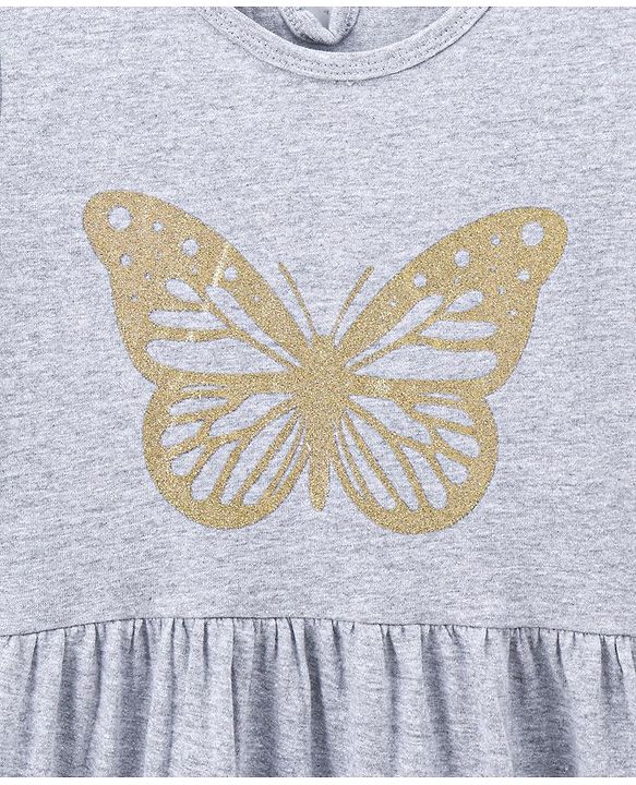 Pine Kids Full Sleeves Bio Wash Frock Butterfly Glitter Print - Grey