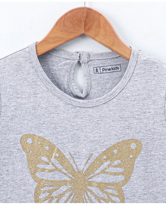 Pine Kids Full Sleeves Bio Wash Frock Butterfly Glitter Print - Grey