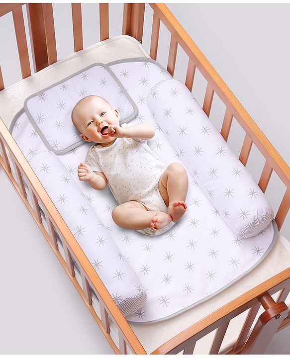 Babyhug 100% Premium Cotton Pillow Bolster & Diaper Changing Mat Set of 4 - Asterisk Grey