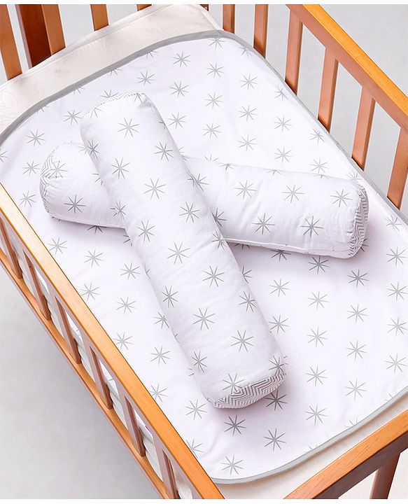 Babyhug 100% Premium Cotton Pillow Bolster & Diaper Changing Mat Set of 4 - Asterisk Grey