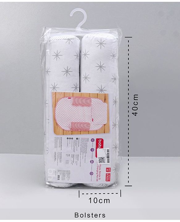 Babyhug 100% Premium Cotton Pillow Bolster & Diaper Changing Mat Set of 4 - Asterisk Grey