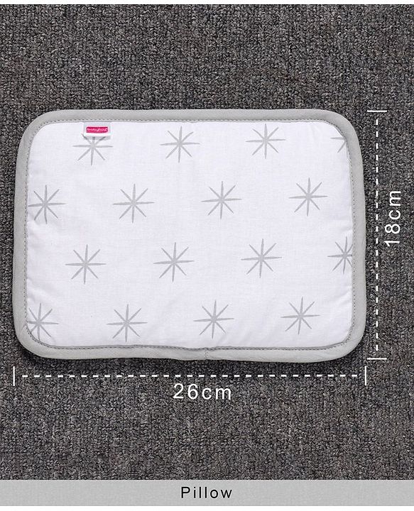 Babyhug 100% Premium Cotton Pillow Bolster & Diaper Changing Mat Set of 4 - Asterisk Grey