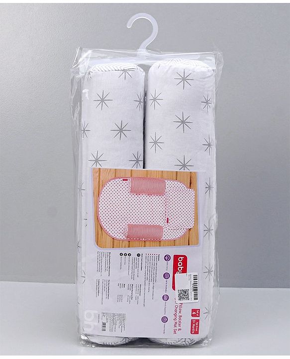 Babyhug 100% Premium Cotton Pillow Bolster & Diaper Changing Mat Set of 4 - Asterisk Grey
