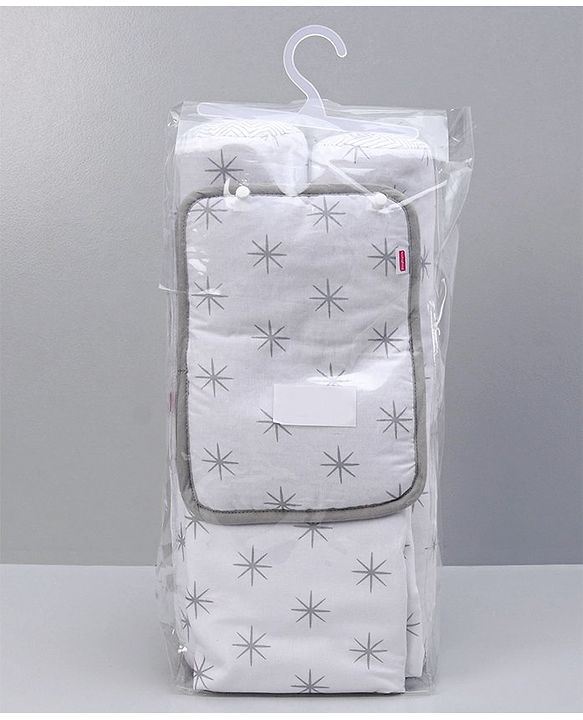 Babyhug 100% Premium Cotton Pillow Bolster & Diaper Changing Mat Set of 4 - Asterisk Grey