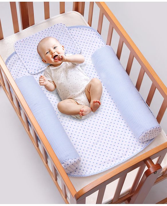 Babyhug 100% Premium Cotton Pillow Bolster & Diaper Changing Mat Set of 4 - Asterisk Grey