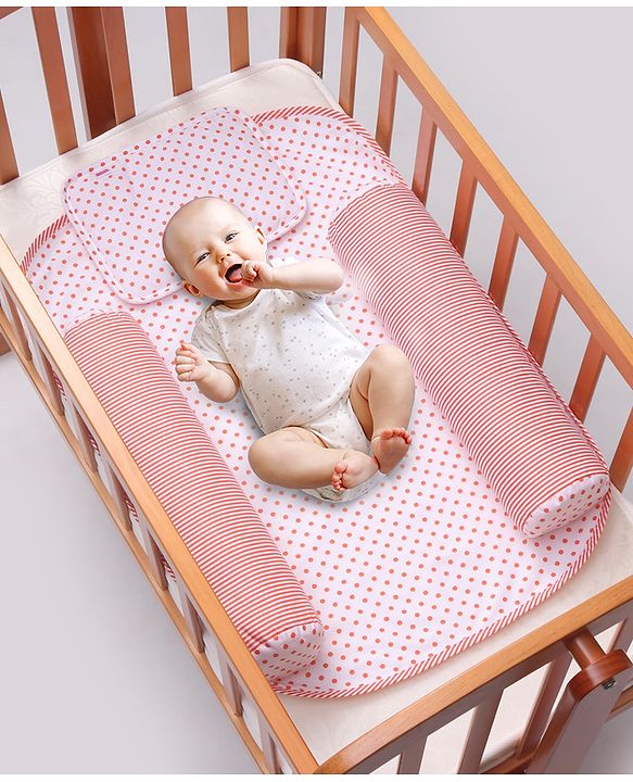Babyhug 100% Premium Cotton Pillow Bolster & Diaper Changing Mat Set of 4 - Asterisk Grey