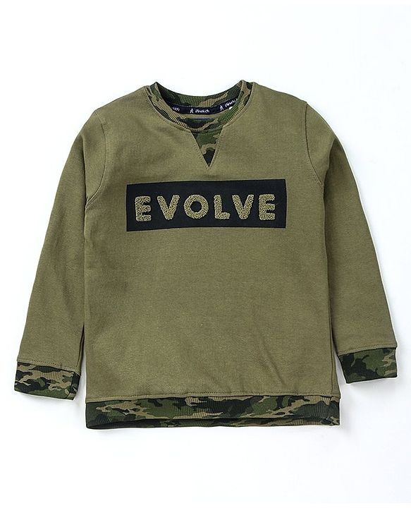 Pine Kids Full Sleeves Bio Wash Sweatshirt Camouflage Print - Olive Green