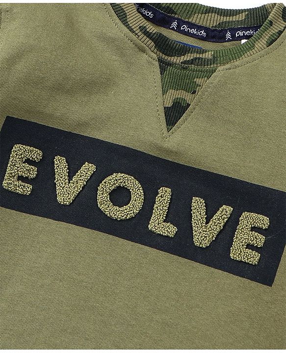 Pine Kids Full Sleeves Bio Wash Sweatshirt Camouflage Print - Olive Green
