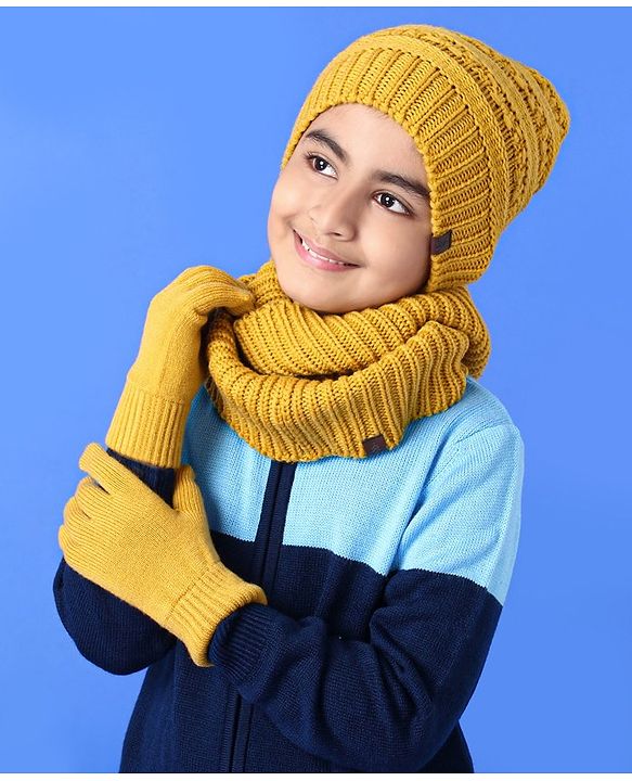 Pine Kids Woollen Cap & Set With Muffler Yellow - 14.5 cm