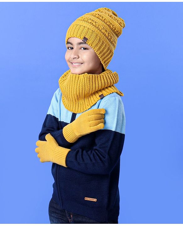 Pine Kids Woollen Cap & Set With Muffler Yellow - 14.5 cm
