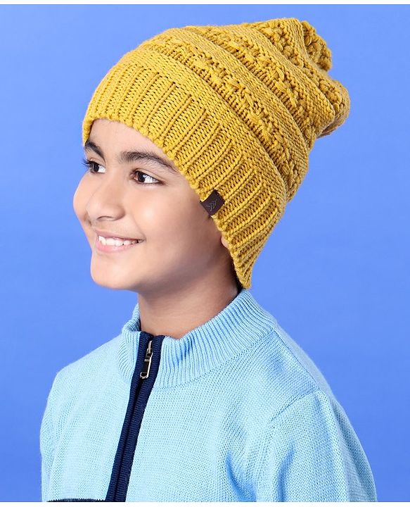Pine Kids Woollen Cap & Set With Muffler Yellow - 14.5 cm